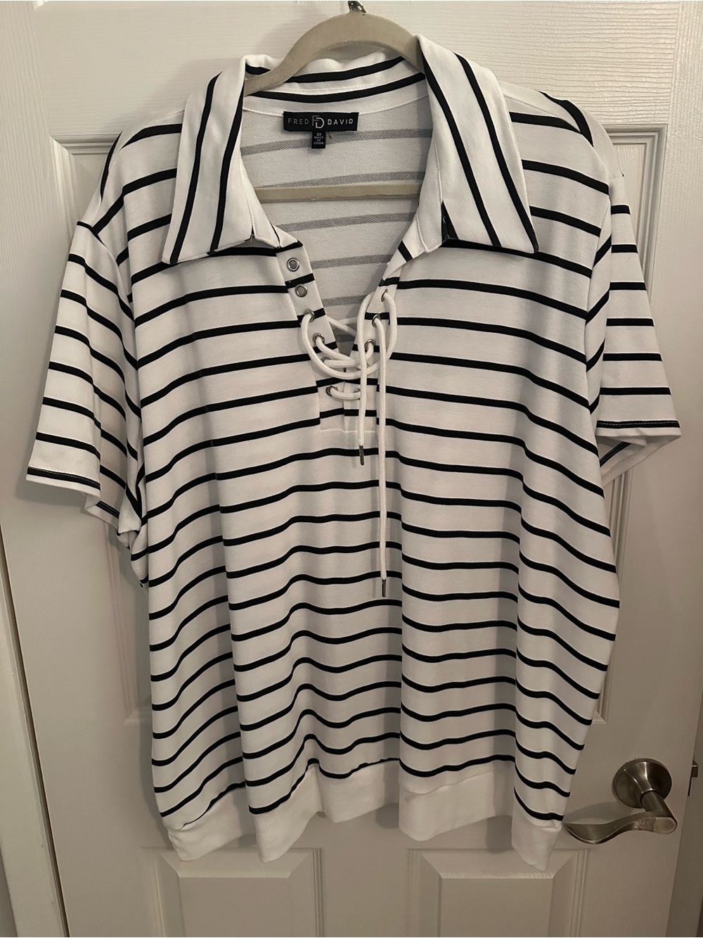 Fred David White and Black Striped Lace-Up Polo Top